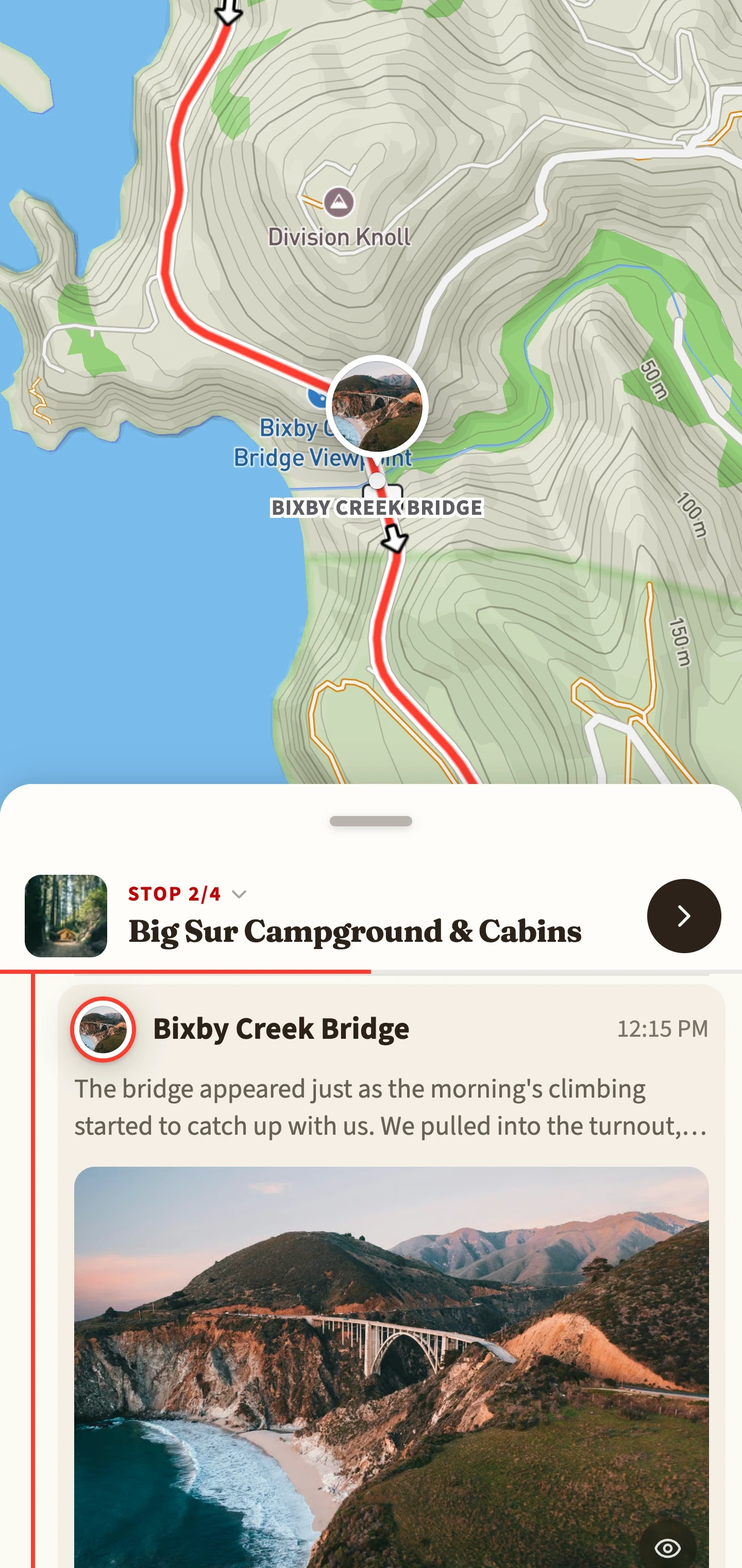 Actual Big Sur demo trip: Bixby Creek Bridge marked on the coastal terrain map above its 12:15 PM journal entry, description and bridge photograph.