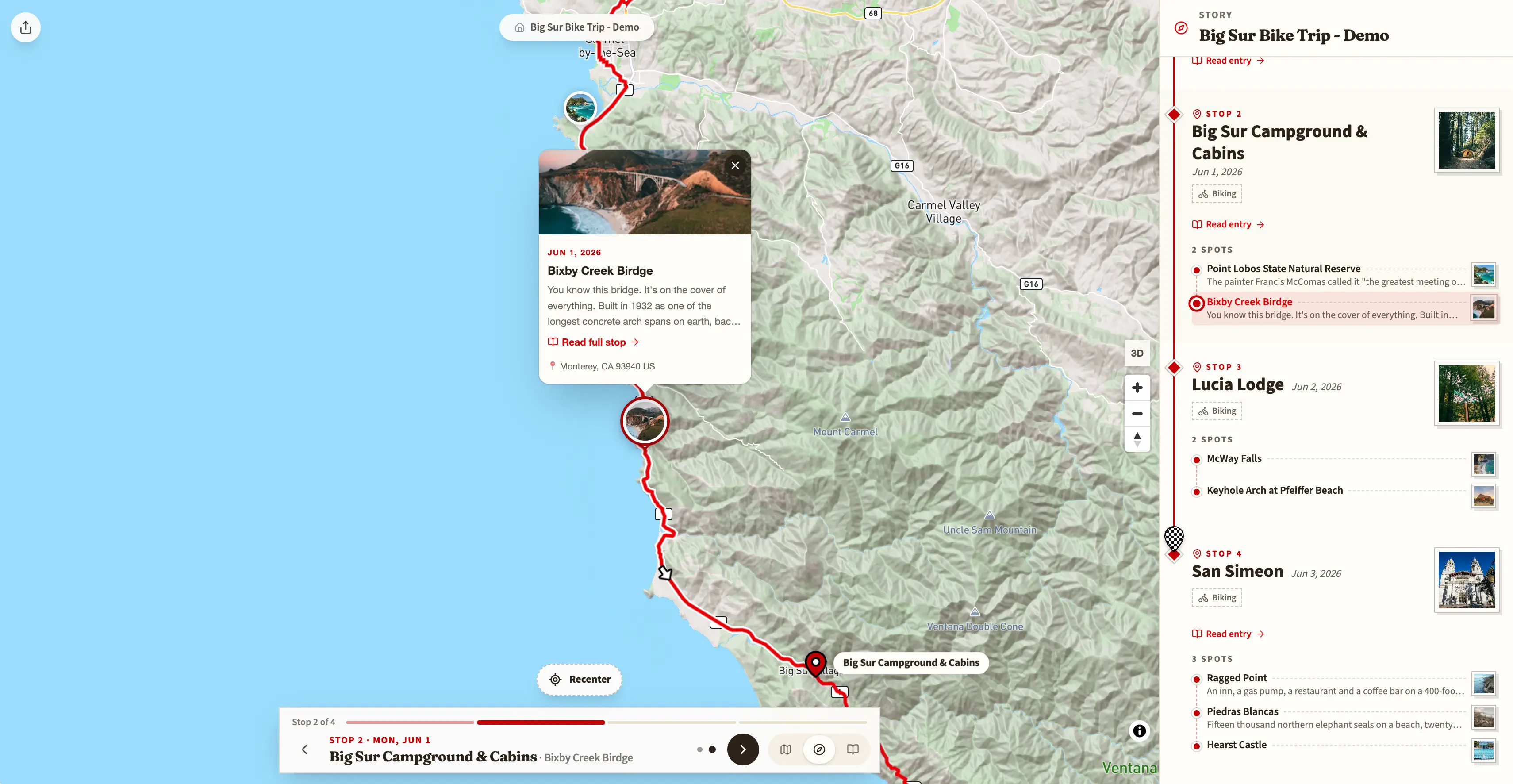 The same Big Sur route on an interactive map: the road along Highway 1 with its stops, and a card open for Bixby Creek Bridge.