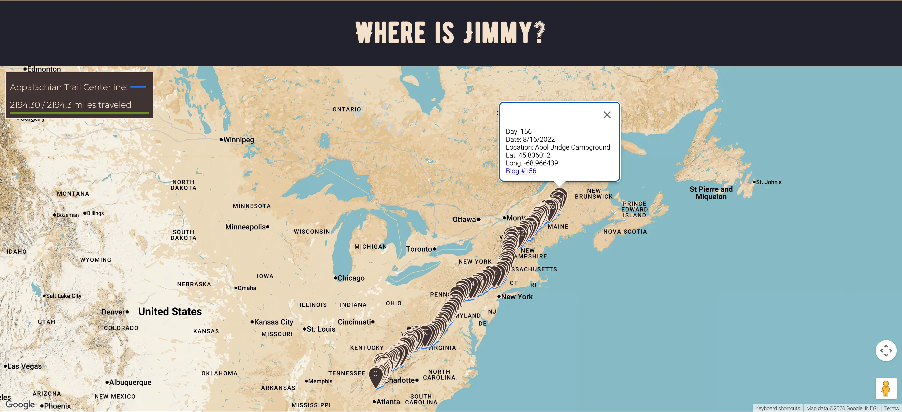 Jimmy on the Trail in 2022: a map of the Appalachian Trail with daily stops, mileage progress, and a popup linking to a day's blog entry