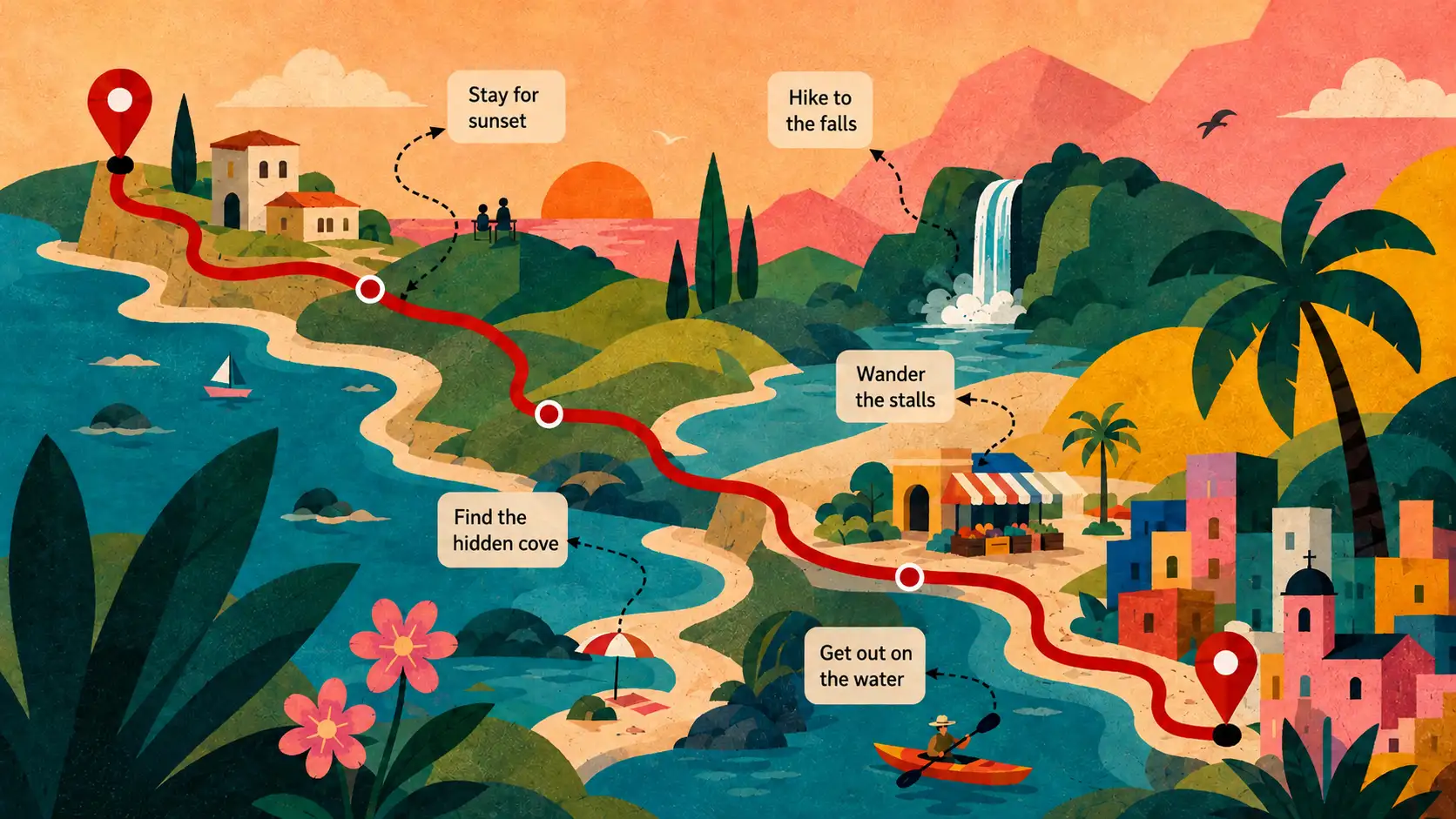 An illustrated coastal route: a red line running between two pins, with dashed leaders out to five things just off it — stay for sunset, hike to the falls, wander the stalls, find the hidden cove, and get out on the water