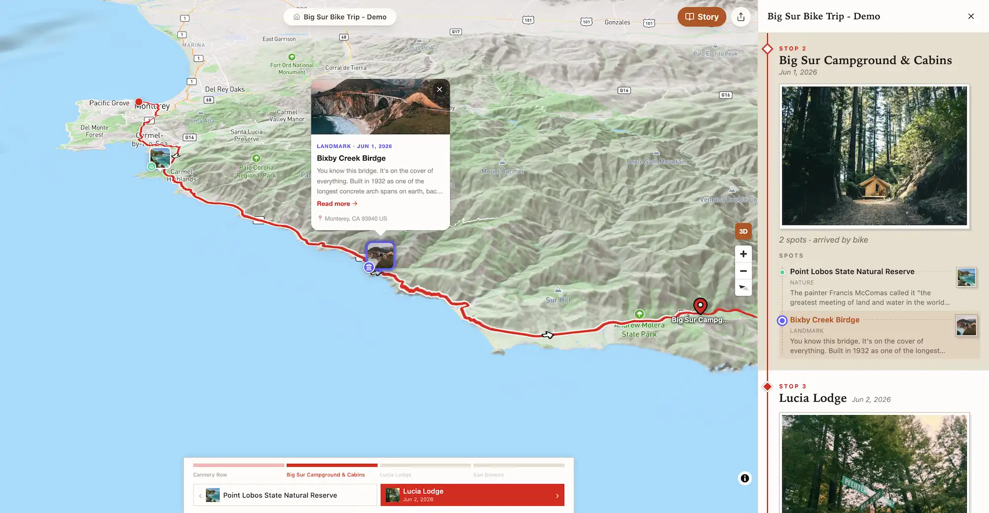 The same Big Sur route on a map: three numbered stops along Highway 1, with Point Lobos, Bixby Bridge, Pfeiffer Beach, McWay Falls and Ragged Point marked nearby — none of them mentioned in the post.