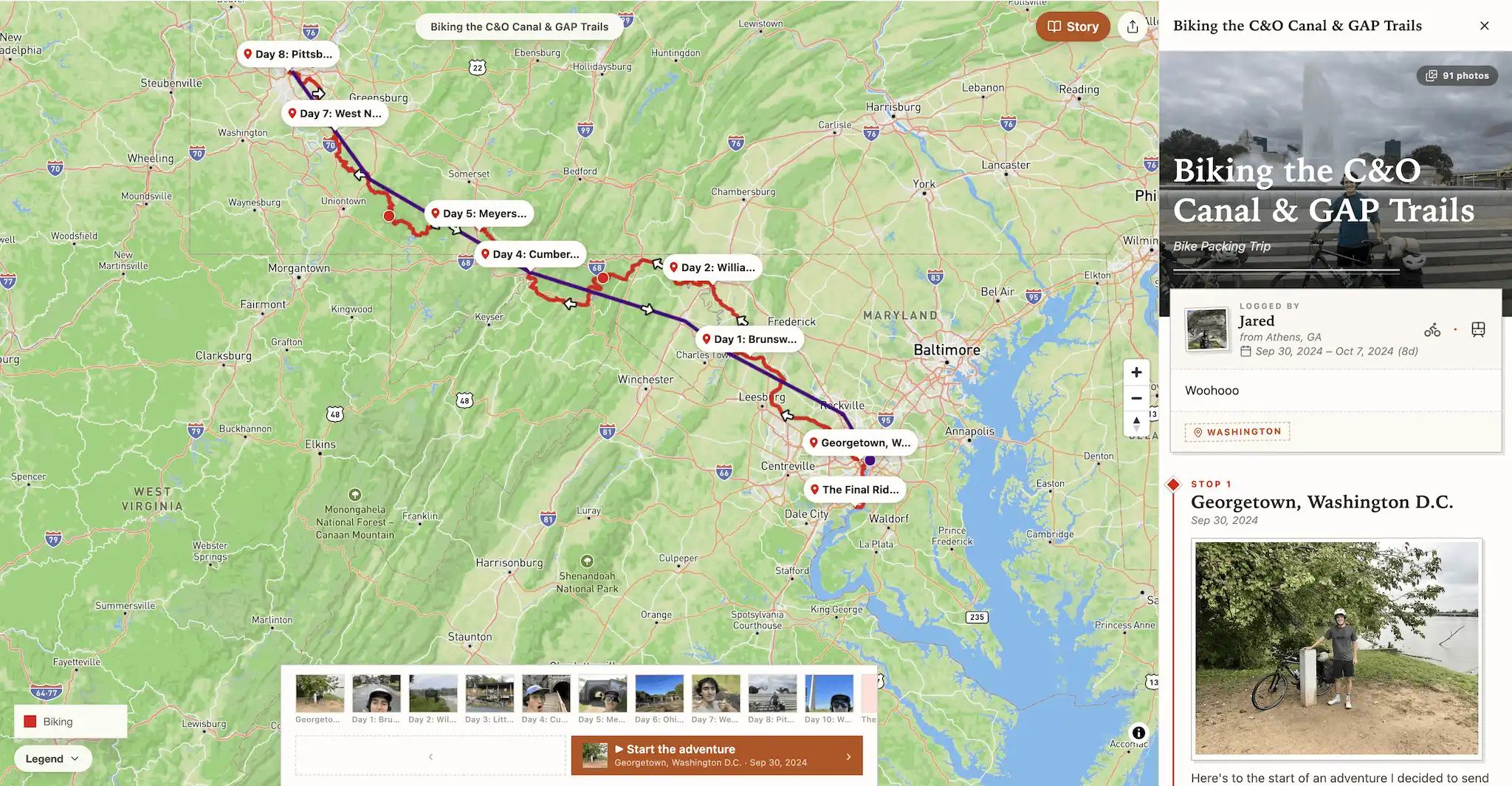 Adventure Mapper showing a travel route, numbered stops, photos, and journal entries on an interactive map