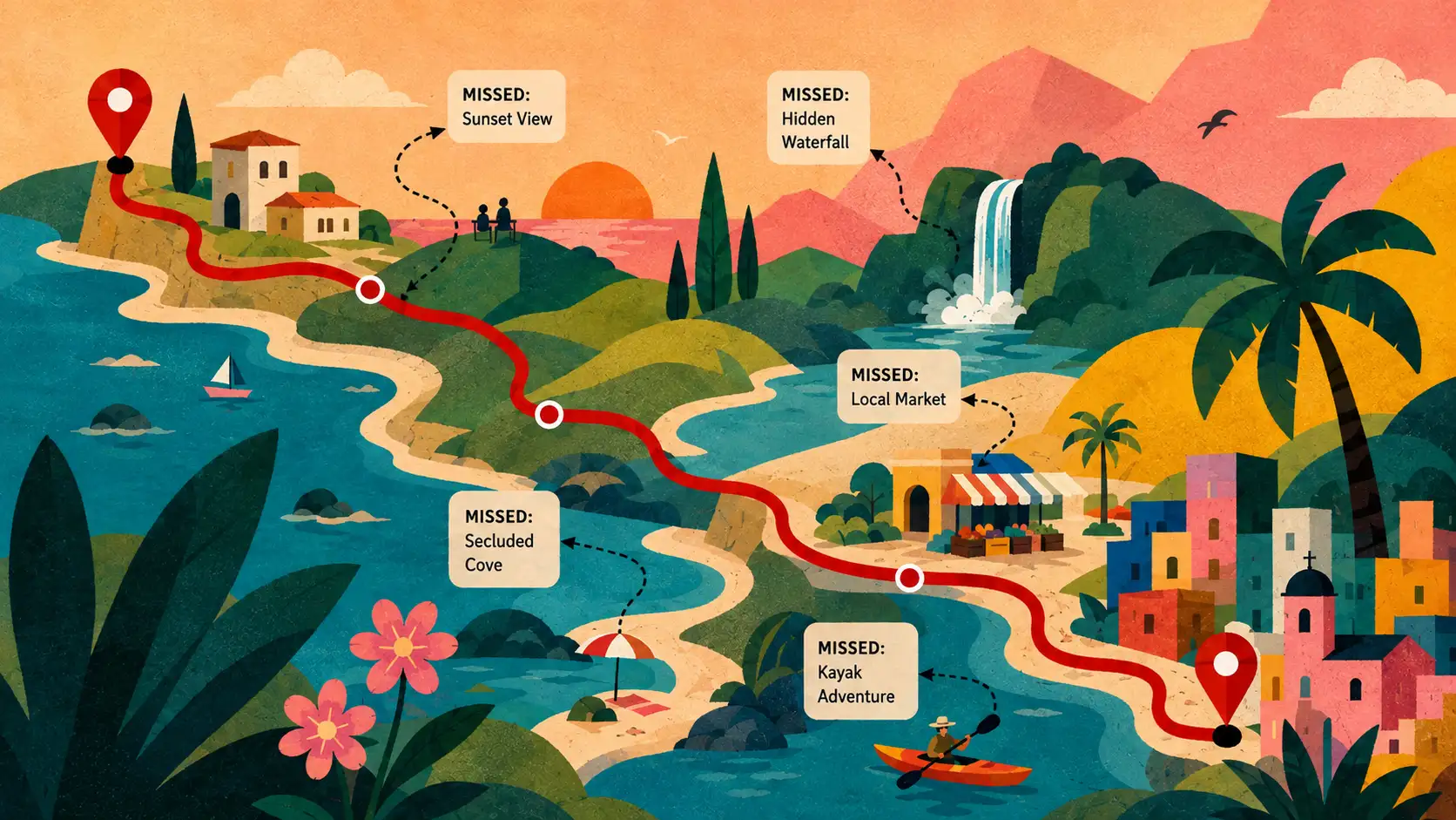 An illustrated coastal route: a red line running between two pins, with dashed leaders out to places just off it — Sunset View, Hidden Waterfall, Local Market, Secluded Cove and Kayak Adventure — each labelled MISSED